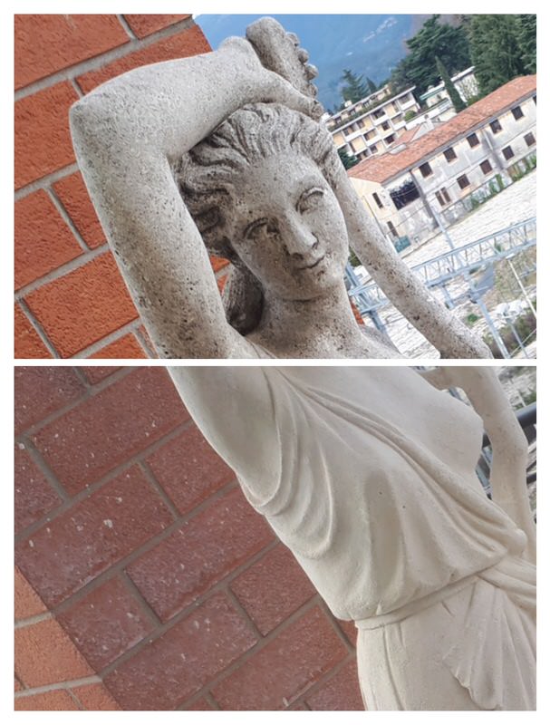 Statura in marmo macchiato, immagine prima e dopo il restauro