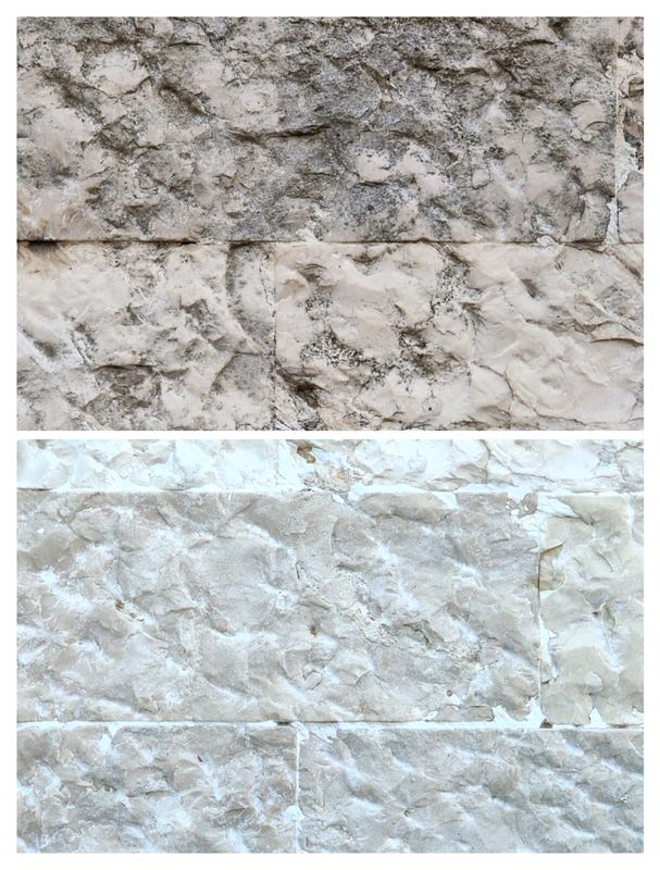 Pietre grezze macchiate. Su muri e pavimenti in pietra grezza è possibile rimuovere le macchie; nella immagine prima e dopo la pulizia di un muro in pietra macchiato.