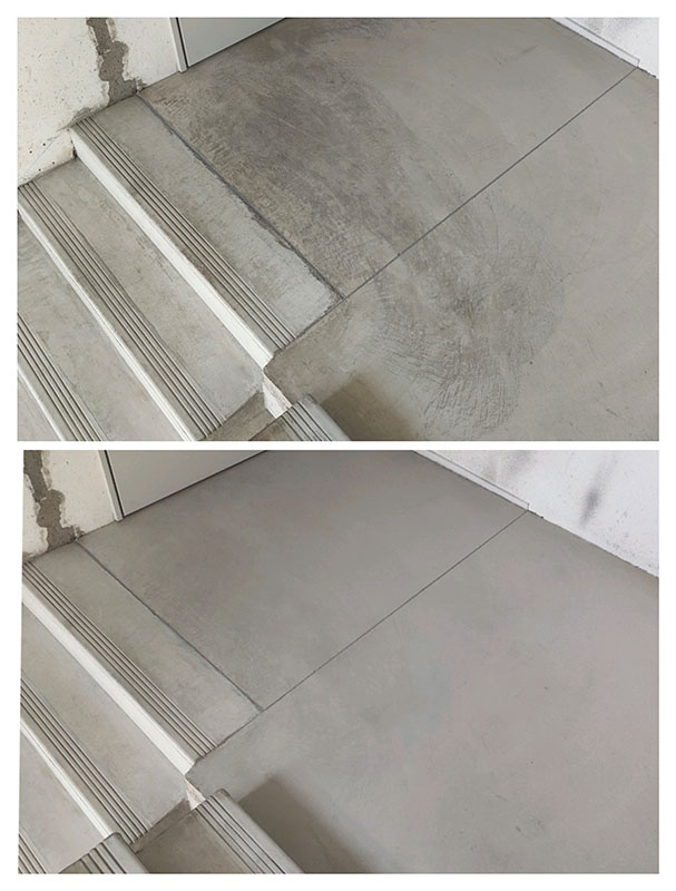 Scala in cemento macchiata: esempio di rimozione della macchia da una scala in cemento.